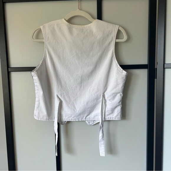 [L] Vintage Spring Blue & White Checker Tie Back Bow Button Down Cotton Vest - Picture 6 of 13